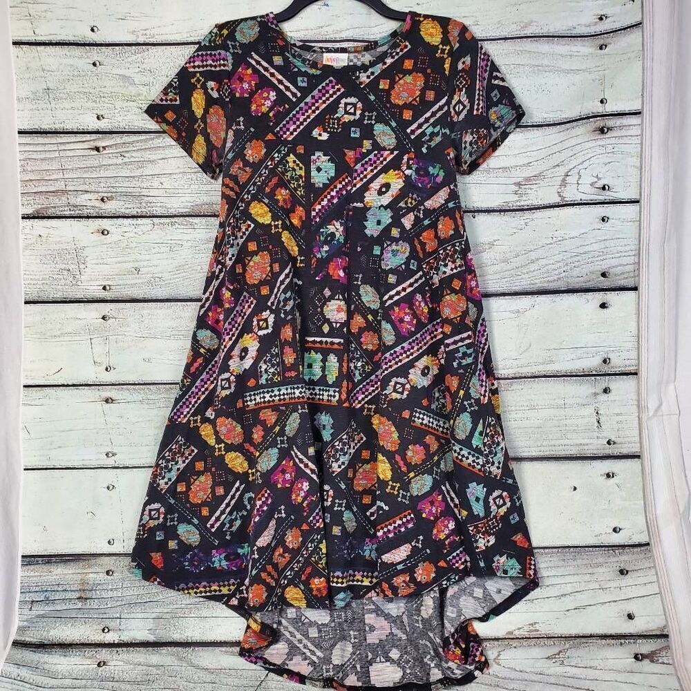 LuLaRoe Carly Dress XXS Black Bright Tribal Print Hi-Low Hem Short Sleeve Simply